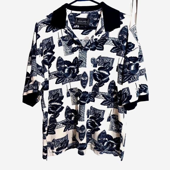 Vtg 90's Bogari Studio LX Blue Hawaiian Tribal Print Knit Polo Shirt Italy - Picture 2 of 9